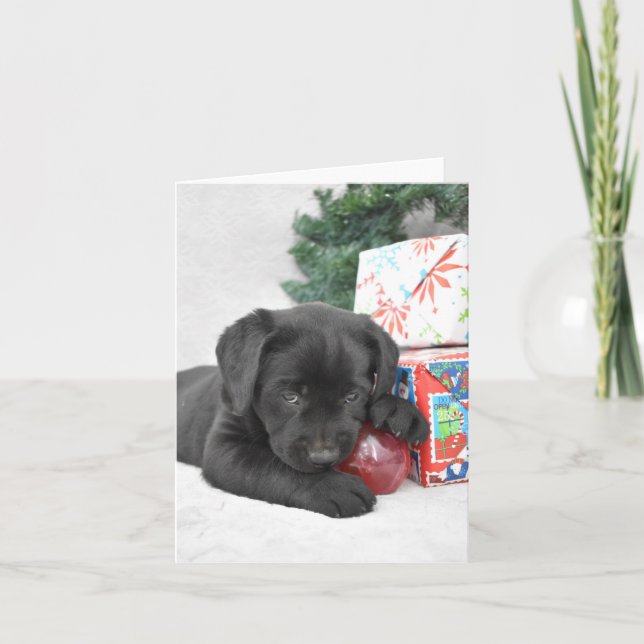Carte De Remerciements Chiot du Labrador noir avec cadeaux de Noël (Devant)