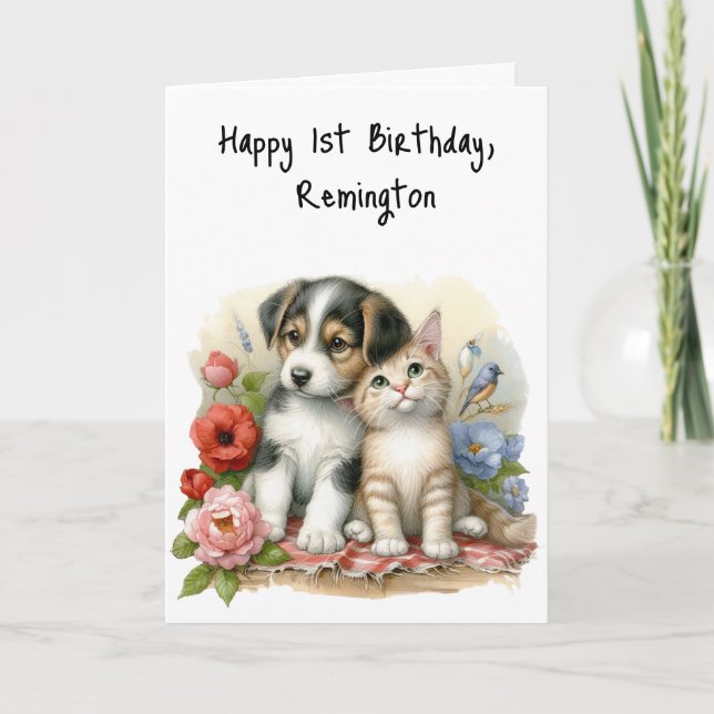 Carte De Remerciements Chiot et chaton Baby First Birthday Greeting Card (Devant)
