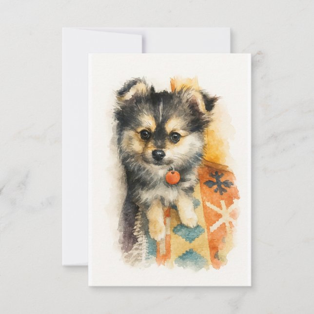 Carte De Remerciements Chiot Pomchi à l'aquarelle  (Devant)