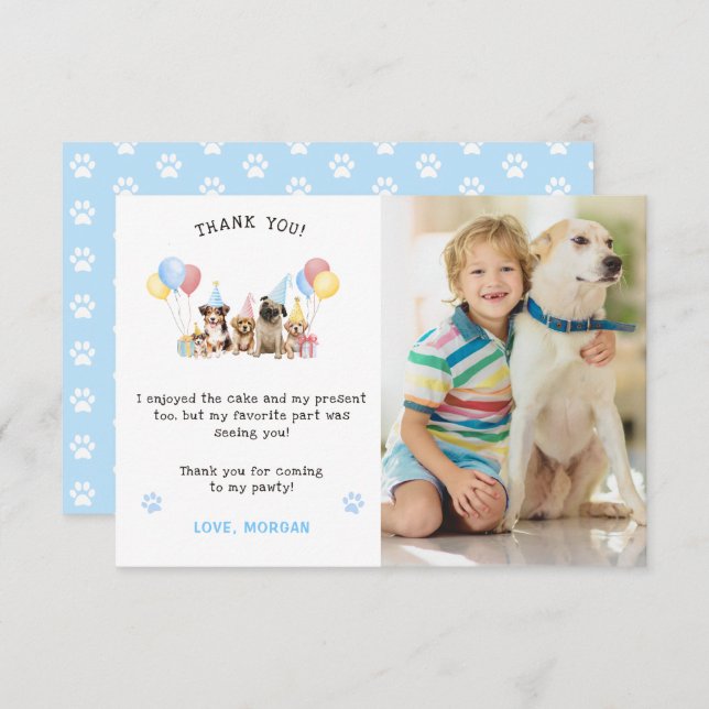 Carte De Remerciements Chiots mignons aquarelle photo bleue (Devant / Derrière)