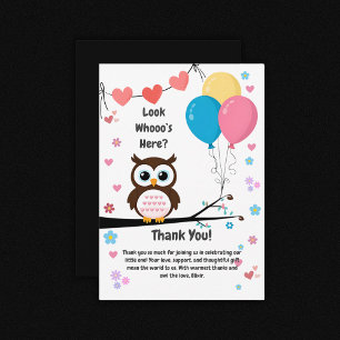 Carte De Remerciements Chouette adorable avec ballons et Baby shower de c