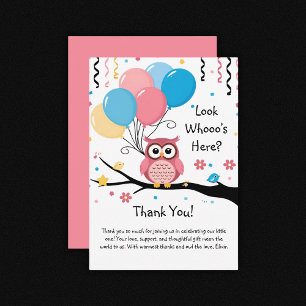 Carte De Remerciements Chouette rose mignonne avec ballons et Baby shower