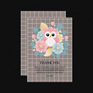 Carte De Remerciements Chouette rose moderne Baby shower Floral & Grille