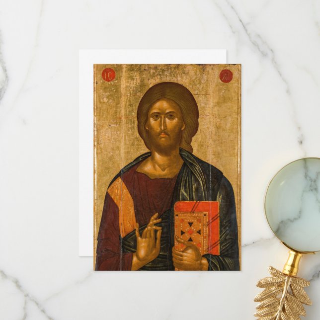 Carte De Remerciements Christ Pantocrator par Icône byzantine (Devant/Arrière en situation)