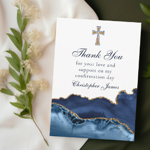 Carte De Remerciements Christian Cross Navy Blue Gold Confirmation