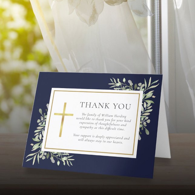 Carte De Remerciements Christian Funeral Marine Bleu Aquarelle Vert (Christian Funeral Navy Blue Watercolor Greenery Thank You Card)
