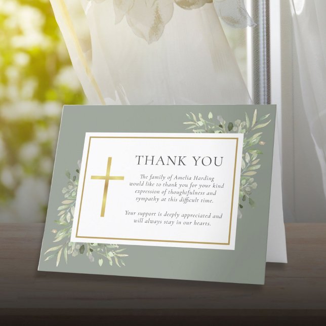 Carte De Remerciements Christian Funeral Watercolor Green (Christian Funeral Watercolor Greenery Thank You Card)