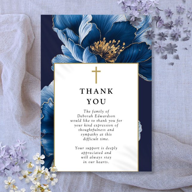 Carte De Remerciements Christian Navy Blue Célébration De La Vie Funérair (Christian Navy Blue Celebration Of Life Funeral Thank You Card)