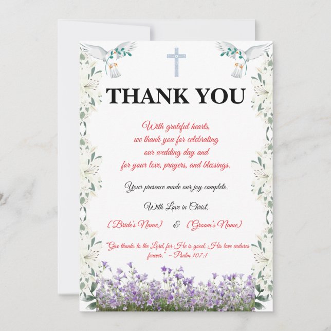Carte De Remerciements Christian Wedding Thank You Card with Cross (Devant)
