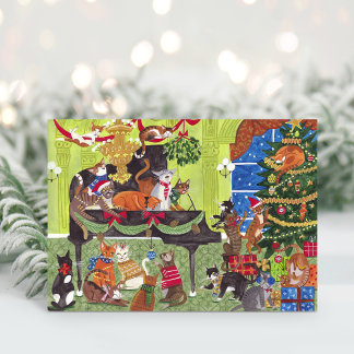 Carte De Remerciements Christmas Cats playing Piano Holiday Card
