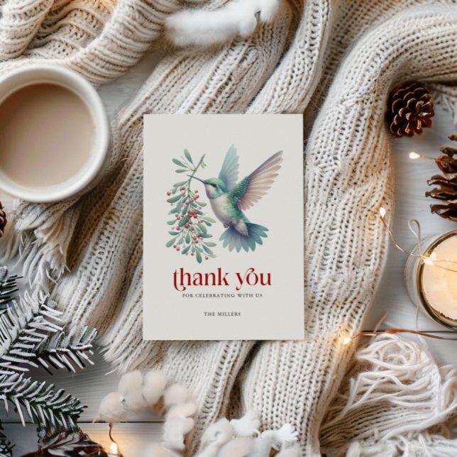 Carte De Remerciements Christmas Holly Hummingbird Thank You Typography (Créateur téléchargé)
