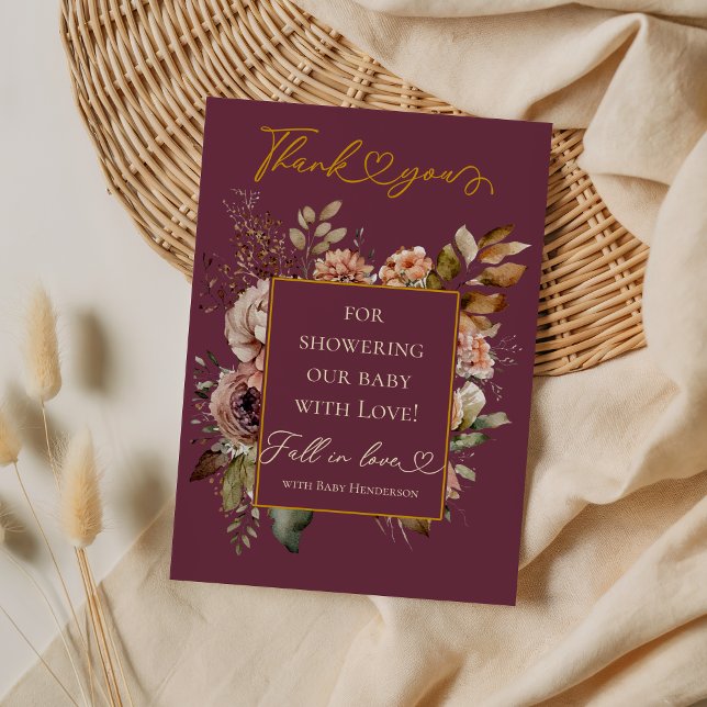 Carte De Remerciements Chute En Amour Bourgogne Floral Élégant Baby showe (Créateur téléchargé)