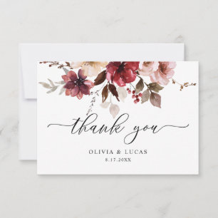 Carte De Remerciements Chute Maron Floral Dusty rose Bourgogne Mariage