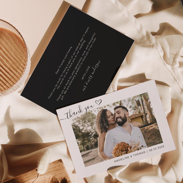 Carte De Remerciements Chute noir Boho Simple Photo Heart Script Mariage (Créateur téléchargé)