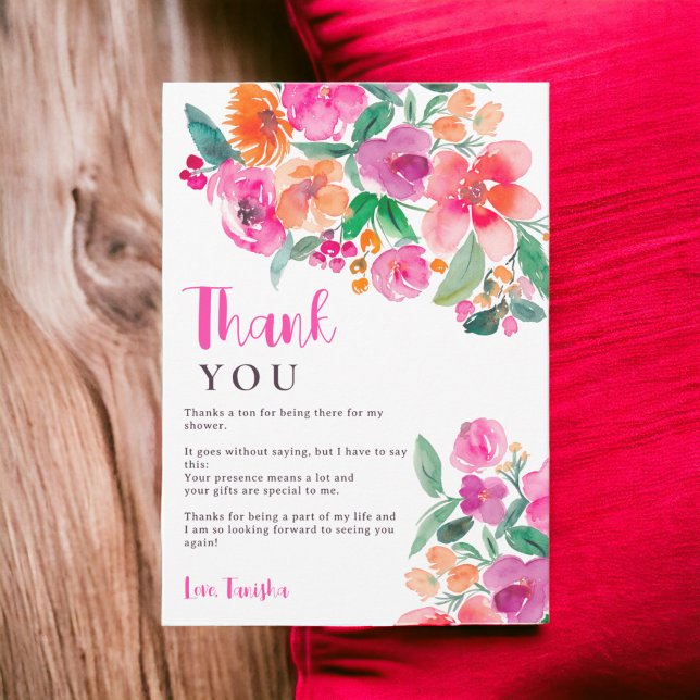 Carte De Remerciements Chute rose vif chatoyant floral script nuptiale do (Bright hot pink fall floral script bridal shower thank you card)