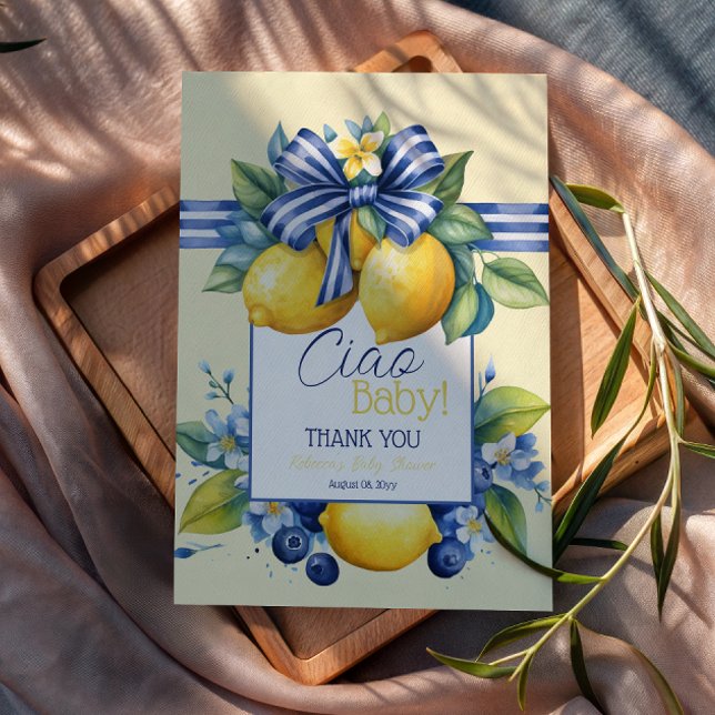 Carte De Remerciements Ciao Baby Blue Bow Tile Lemon Baby Shower (Créateur téléchargé)