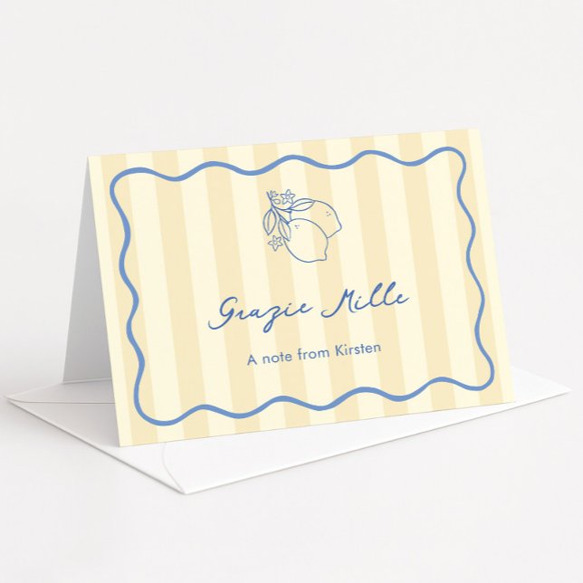 Carte De Remerciements Ciao tiré à la main Miss Fête des mariées jaune et (Grazie Mille Italian theme bridal shower thank you card in yellow and blue with hand drawn icons)