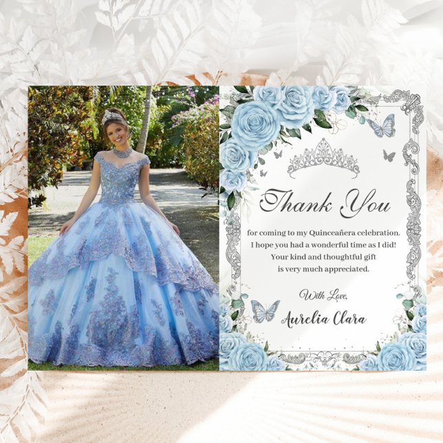 Carte De Remerciements Ciel bleu Sweet sixteen Floral Quinceañera Photo (Créateur téléchargé)