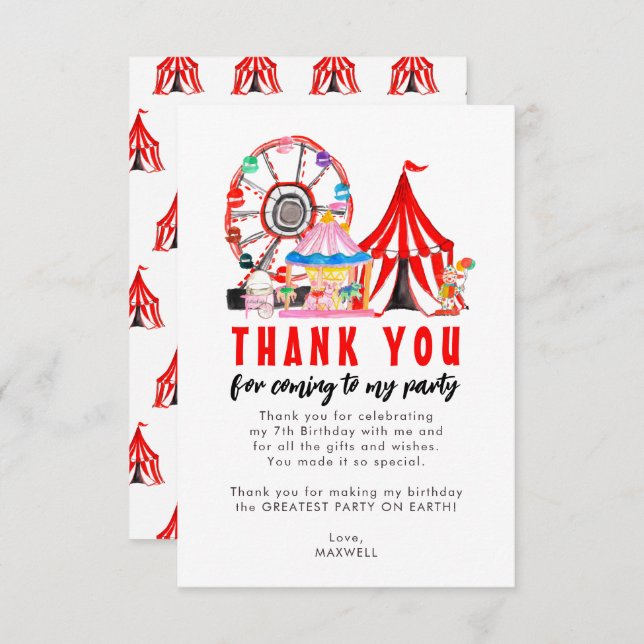 Carte De Remerciements Cirque Carnaval Fête de Ballon de Clown Anniversai (Devant / Derrière)