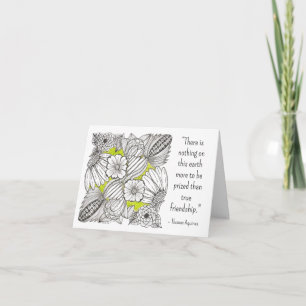 Carte De Remerciements Citation d'amitié, BW Floral Doodle avec du vert