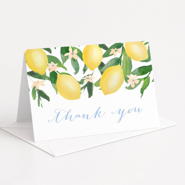 Carte De Remerciements Citron Bleu Poudre Citrus Bébé Ou Shower De Mariée (Baby boy shower thank you card featuring watercolor lemons and blossoms and blue calligraphy font)