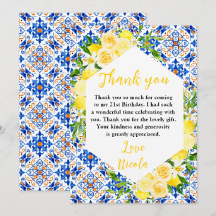 Carte De Remerciements Citrons avec feuillage Anniversaire méditerranéen