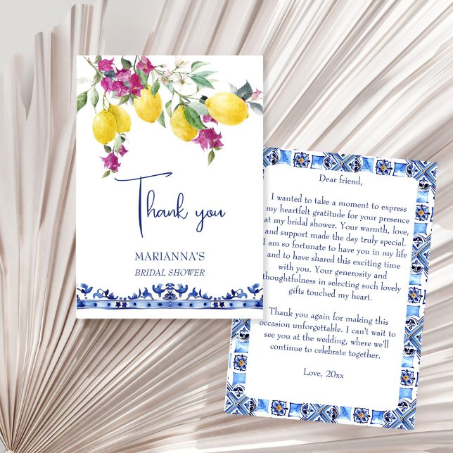 Carte De Remerciements Citrons italiens bougainvillée douche de mariage c (Italian maiolica lemons bougainvillea citrus Mediterranian bridal shower wedding thank you card)