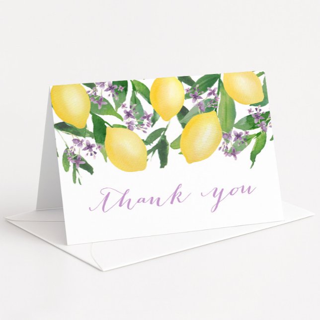 Carte De Remerciements Citrons Lavande Purple Aquarelle Citrus Pliage (Lemons with lavender blossoms bridal shower thank you card)