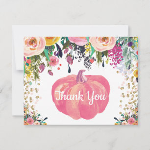 Carte De Remerciements Citrouille automnale florale rose pailletée or con
