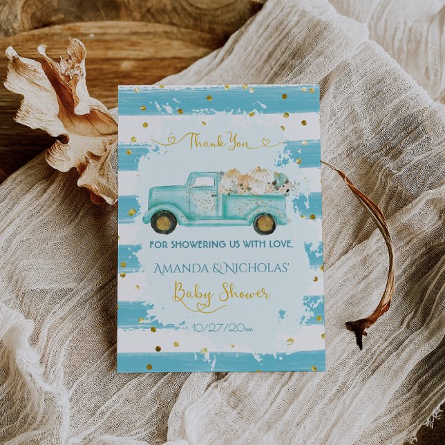 Carte De Remerciements Citrouille Blue Gold Automne Baby shower d'automne (Créateur téléchargé)