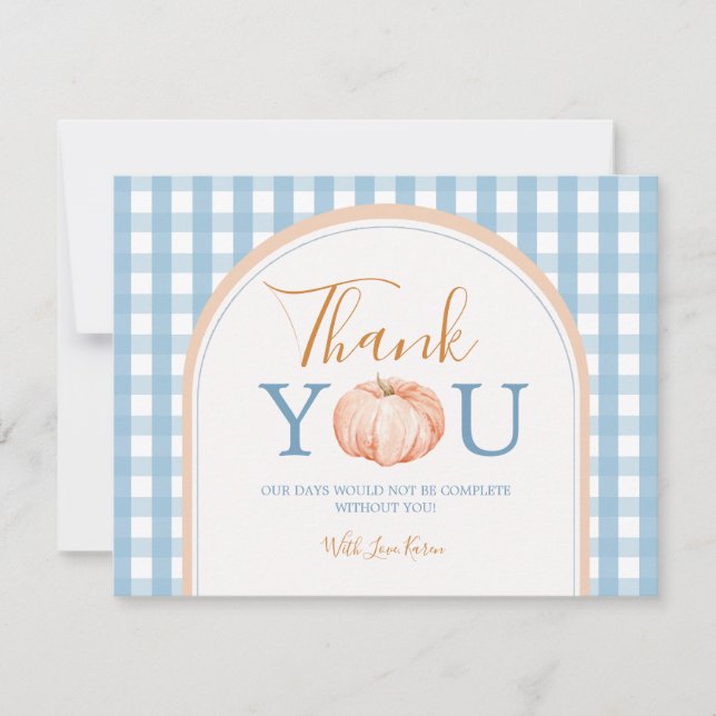 Carte De Remerciements Citrouille Boho Bleu Gingham 1er Anniversaire (Devant)