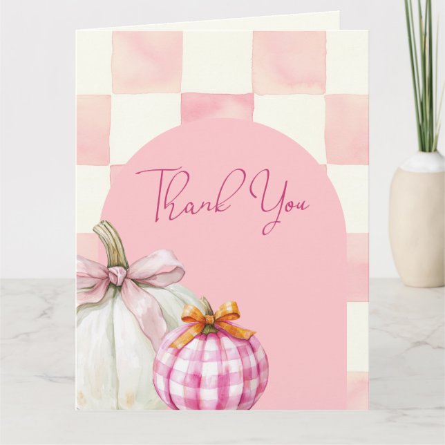 Carte De Remerciements Citrouille rose automne En vichy Baby shower fille (Devant)