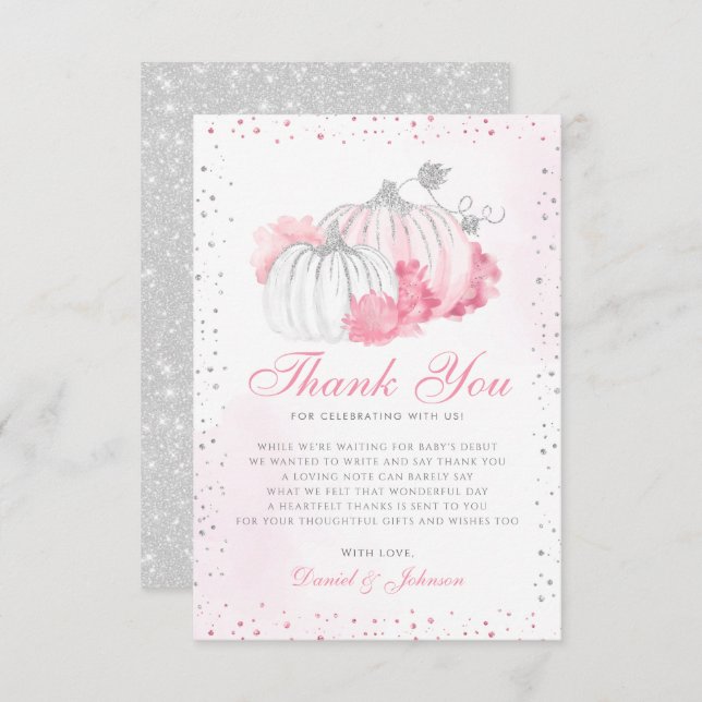 Carte De Remerciements Citrouille rose automne mignon automne Baby shower (Devant / Derrière)