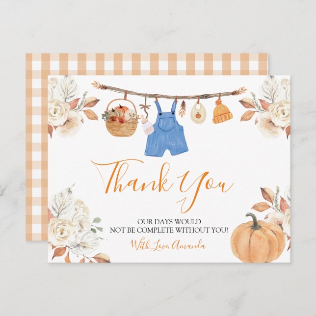 Carte De Remerciements Citrouille Vêtements d'automne Baby shower d'autom (Devant / Derrière)