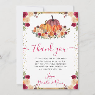 Carte De Remerciements Citrouilles Fleuris Orange Brûlé et Rouge Mariage