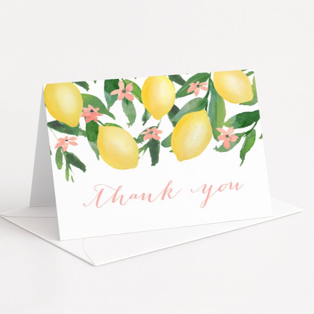 Carte De Remerciements Citrus Citrons Baby shower ou Fête des mariées ros (Lemons with pretty pink blossoms baby girl shower thank you card)