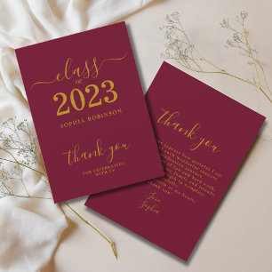 Carte De Remerciements Classe de 2023 Gold Maroon Graduation