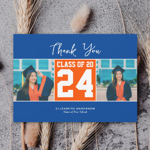 Carte De Remerciements Classe de 2024 Blue Orange Graduation Photo Collag