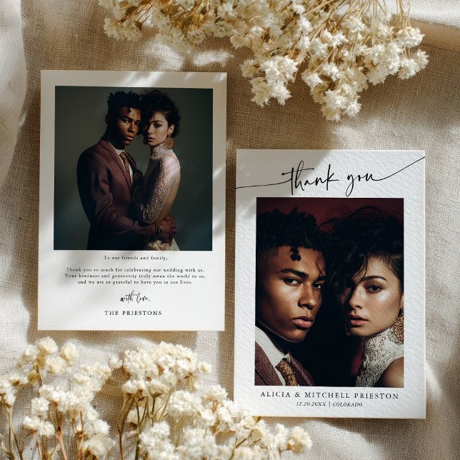 Carte De Remerciements Classic Boho Minimalist Script Wedding Photo (Classic Boho Minimalist Script Wedding Photo Thank You Card)