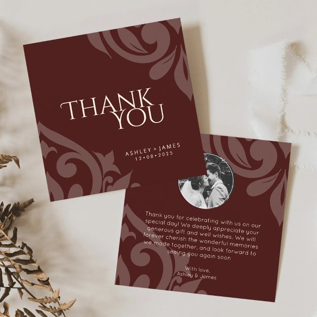 Carte De Remerciements Classic Damask Elegant Mahogany Mariage photo roug (Créateur téléchargé)