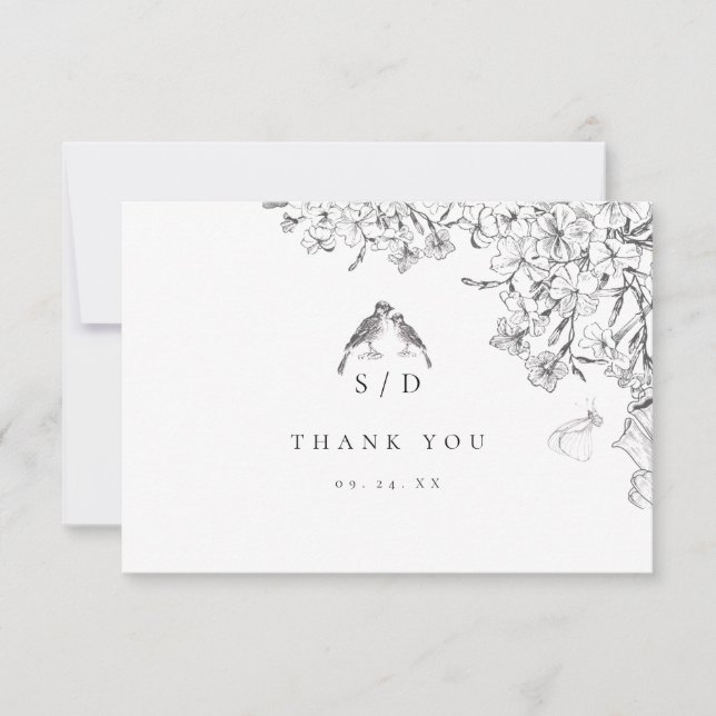 Carte De Remerciements Classic Elegant Black White Floral Wedding  (Devant)