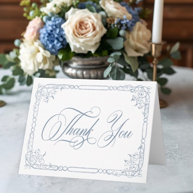 Carte De Remerciements Classic Elegant Dusty Blue Floral Frame Wedding (Classic Elegant Blue Floral Frame Photo Wedding Thank You Card)