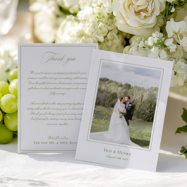 Carte De Remerciements Classic Elegant Sage Green Mariage Photo (Classic Elegant Sage Green Wedding Photo Thank You Card)
