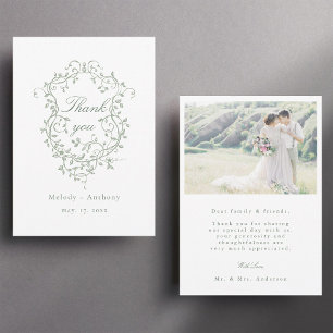 Carte De Remerciements Classic Français Sage Green Floral Crest Photo