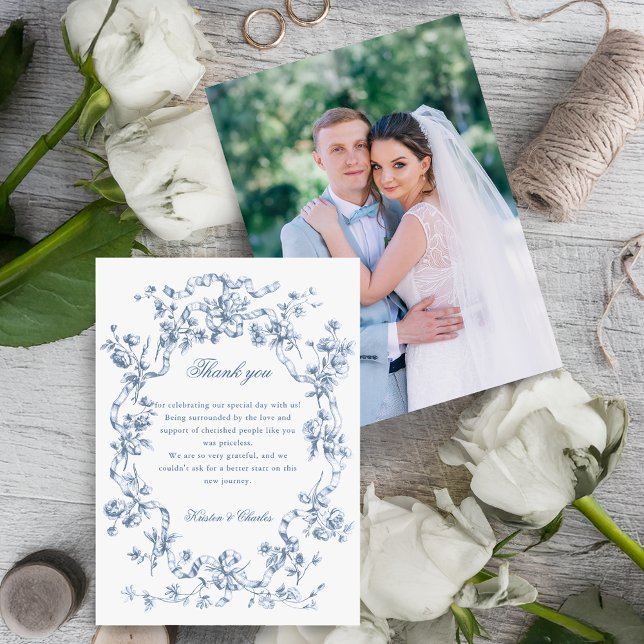 Carte De Remerciements Classic French Blue Flowers & Ribbons Wedding (Créateur téléchargé)
