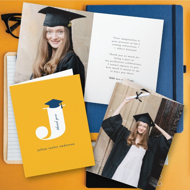 Carte De Remerciements Classic Monogramme J Graduation Cap Photo moderne (Classic Graduate's Monogram J Graduation Cap Modern Photo Thank You Card @ zazzle.com/color_therapy)