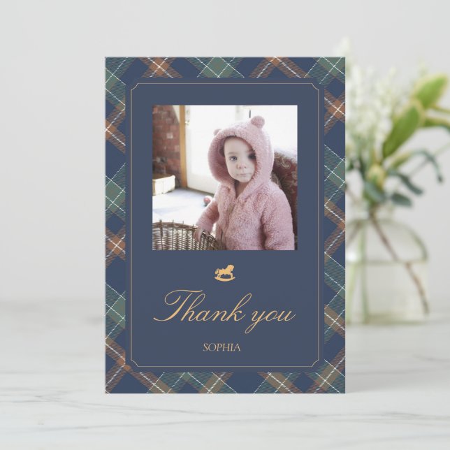 Carte De Remerciements Classic Navy Plaid Teddy Bear Girl Birthday Photo  (Debout devant)