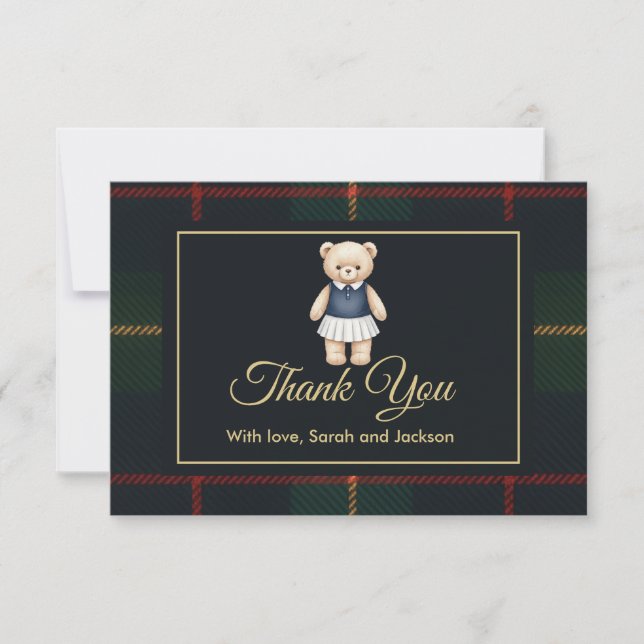 Carte De Remerciements Classic Polo Teddy Bear Preppy Plaid Baby Shower  (Devant)