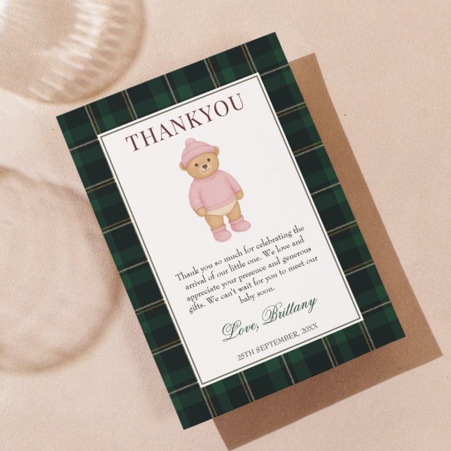 Carte De Remerciements Classic Preppy Bear Pink Baby Shower (Créateur téléchargé)
