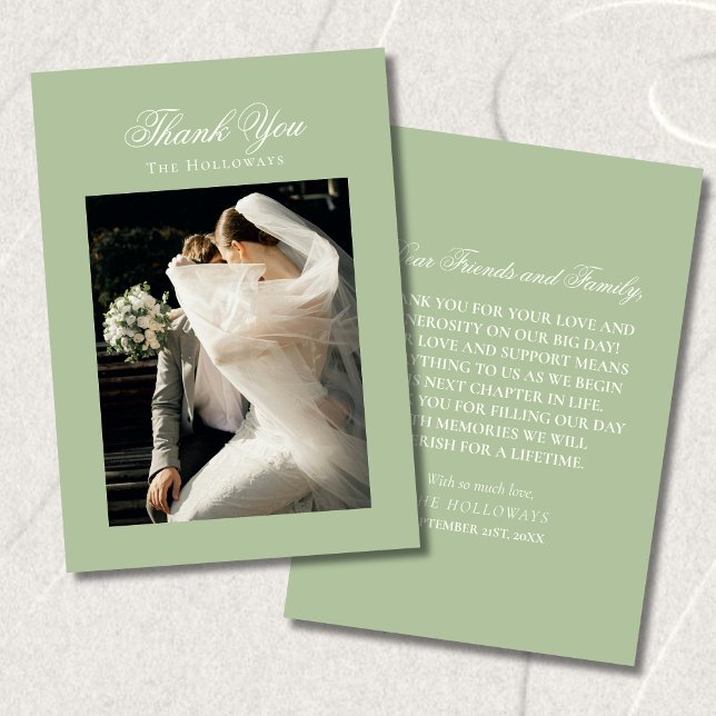 Carte De Remerciements Classic Sage Green Wedding Photo Thank You Card (Classic Sage Green Wedding Photo Thank You Card)